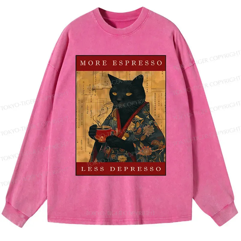 Kyoto-Lion More Espresso Less Depresso Cat Washed Long Sleeve T-Shirt