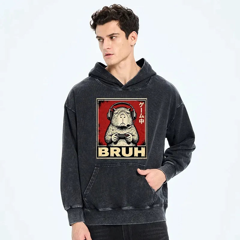 Kyoto-Lion Funny Capybara Playing Games Washed Hoodie