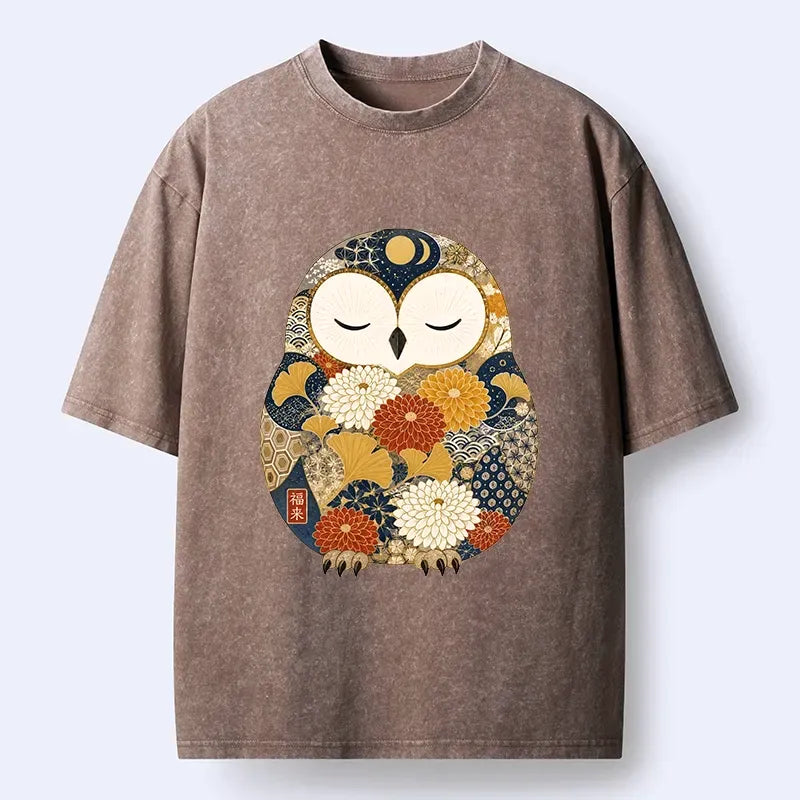 Kyoto-Lion Peaceful Floral Owl Washed T-Shirt