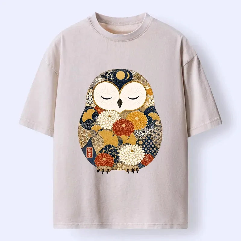 Kyoto-Lion Peaceful Floral Owl Washed T-Shirt