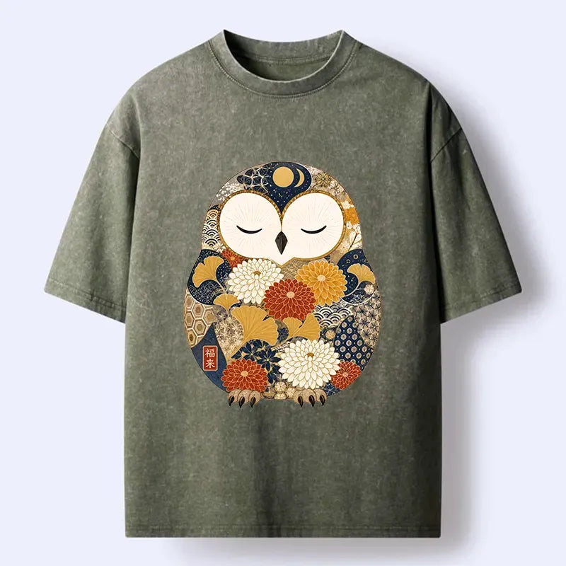 Kyoto-Lion Peaceful Floral Owl Washed T-Shirt