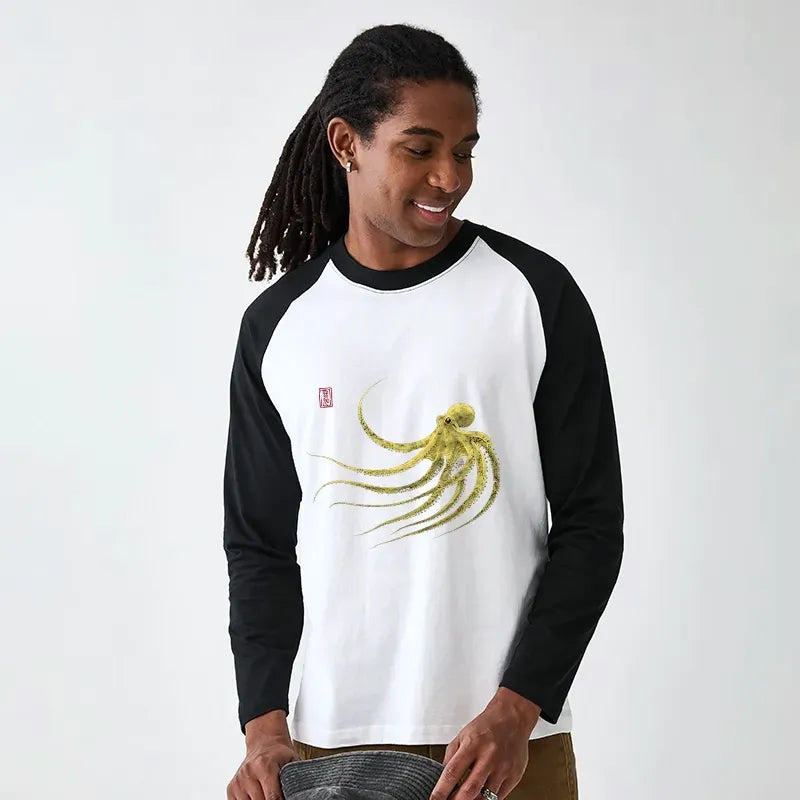Kyoto-Lion Retro Octopus Japanese Raglan Long Sleeve T-shirt