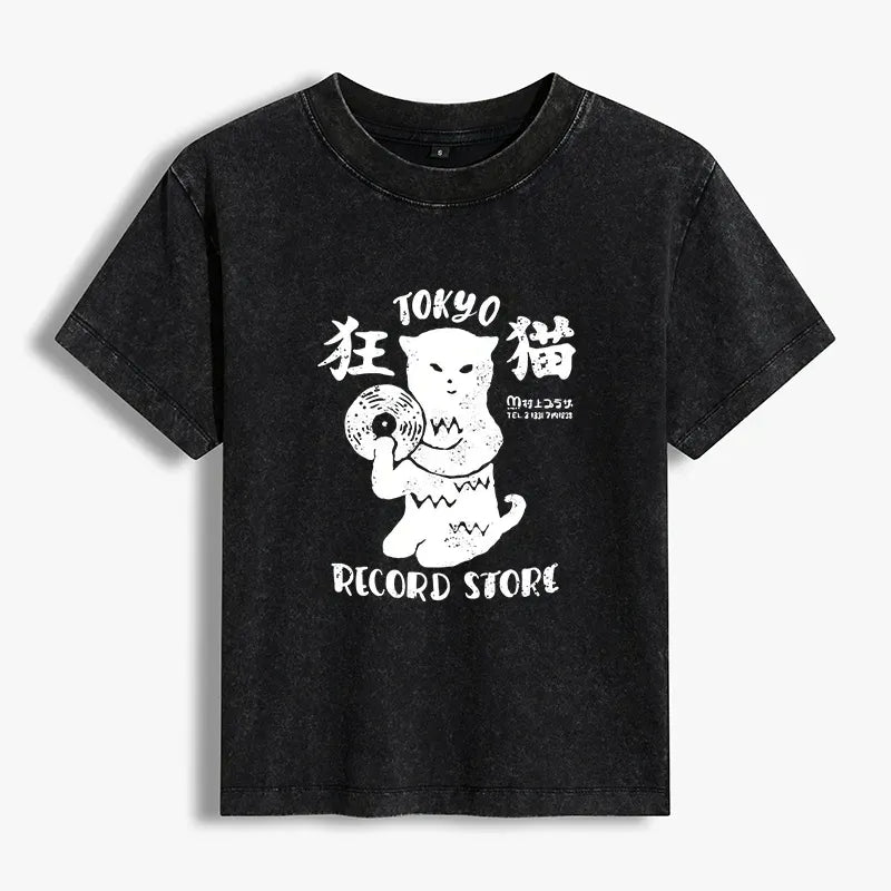 Kyoto-Lion Tokyo Record Store Cat CD Women's Washed T-shirt