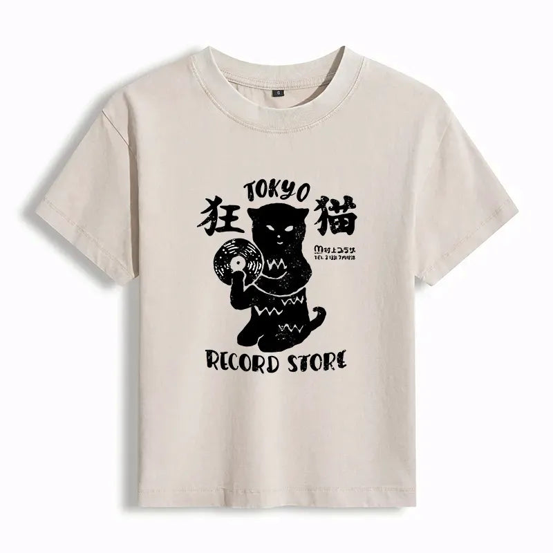 Washed Vintage Cat Tee for Daily Wear