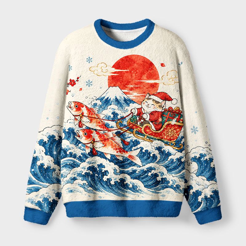 Kyoto-Lion Cat Surfs Christmas Wave Fuzzy Christmas Ugly Sweatshirt