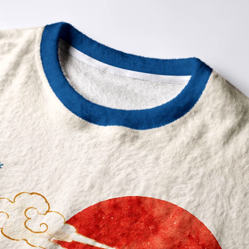 Kyoto-Lion Cat Surfs Christmas Wave Fuzzy Christmas Ugly Sweatshirt
