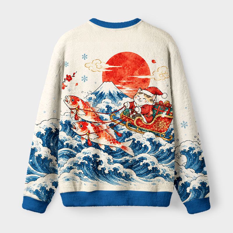 Kyoto-Lion Cat Surfs Christmas Wave Fuzzy Christmas Ugly Sweatshirt