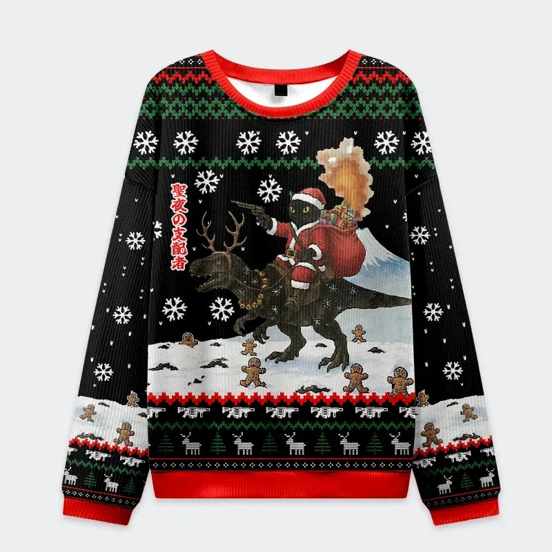Kyoto-Lion Cat Riding A Dinosaur Christmas Ugly Sweatshirt