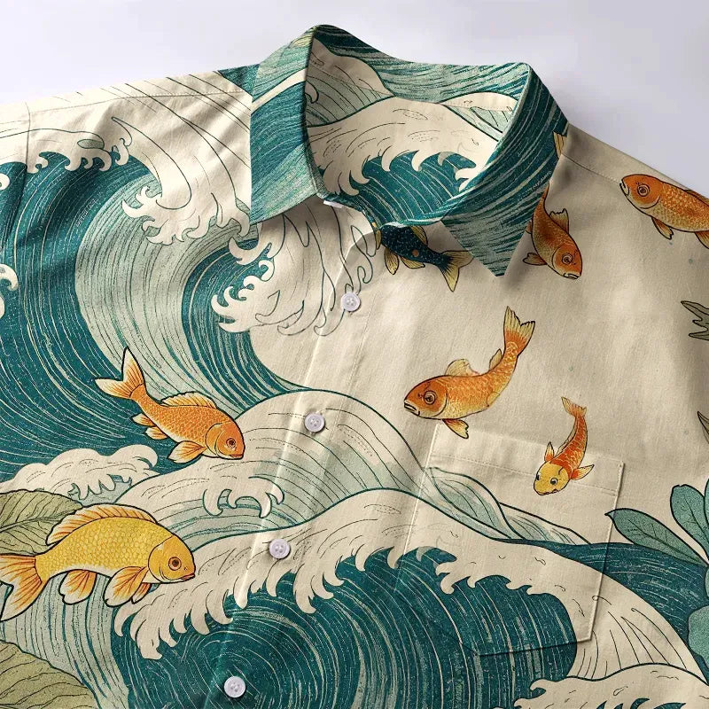 Kyoto-Lion Koi Meets Ocean Waves Button-up Shirt
