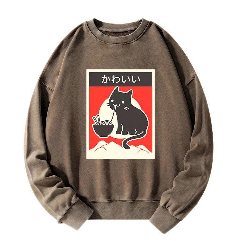 Kyoto-Lion 'Kawaii' Vintage Style Japenese Ramen Cat Washed Sweatshirt