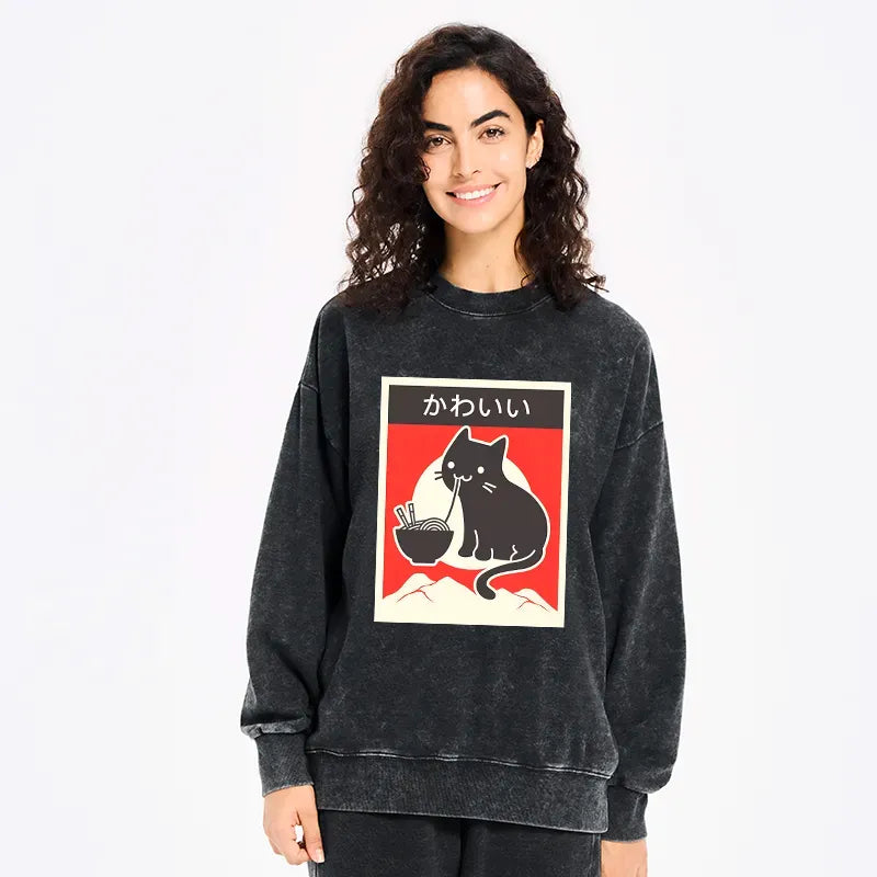 Kyoto-Lion 'Kawaii' Vintage Style Japenese Ramen Cat Washed Sweatshirt