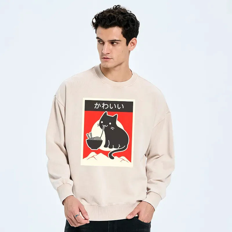 Kyoto-Lion 'Kawaii' Vintage Style Japenese Ramen Cat Washed Sweatshirt