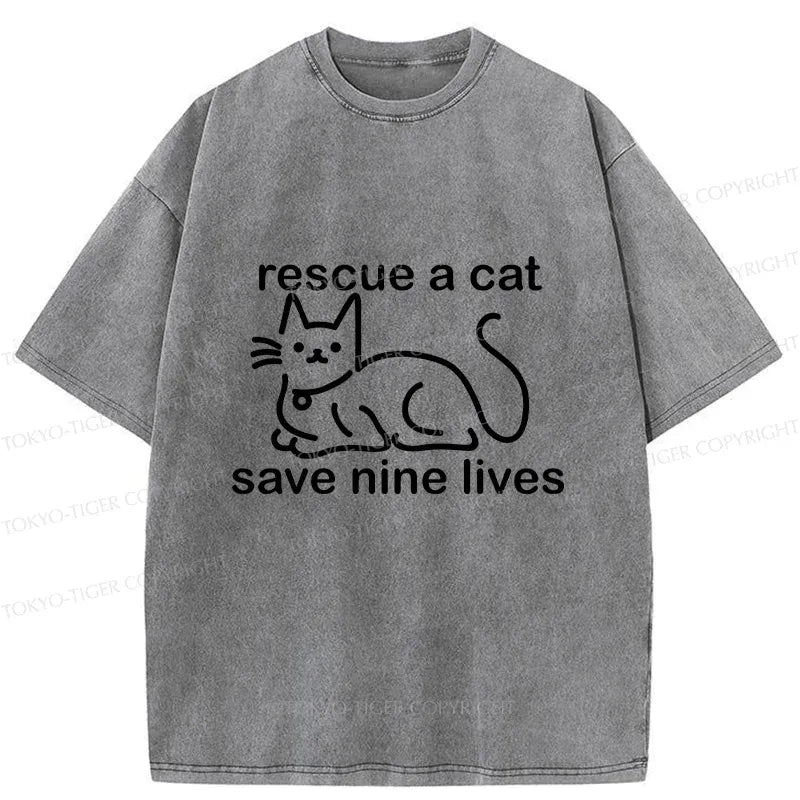 Kyoto-Lion Nine Cats Funny Washed T-Shirt