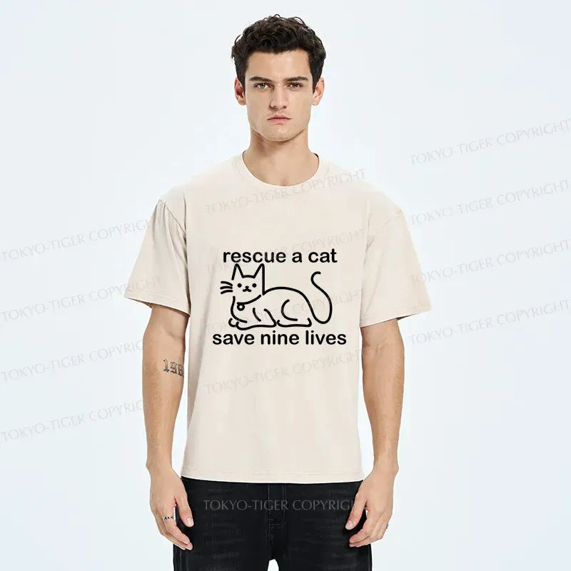 Kyoto-Lion Nine Cats Funny Washed T-Shirt