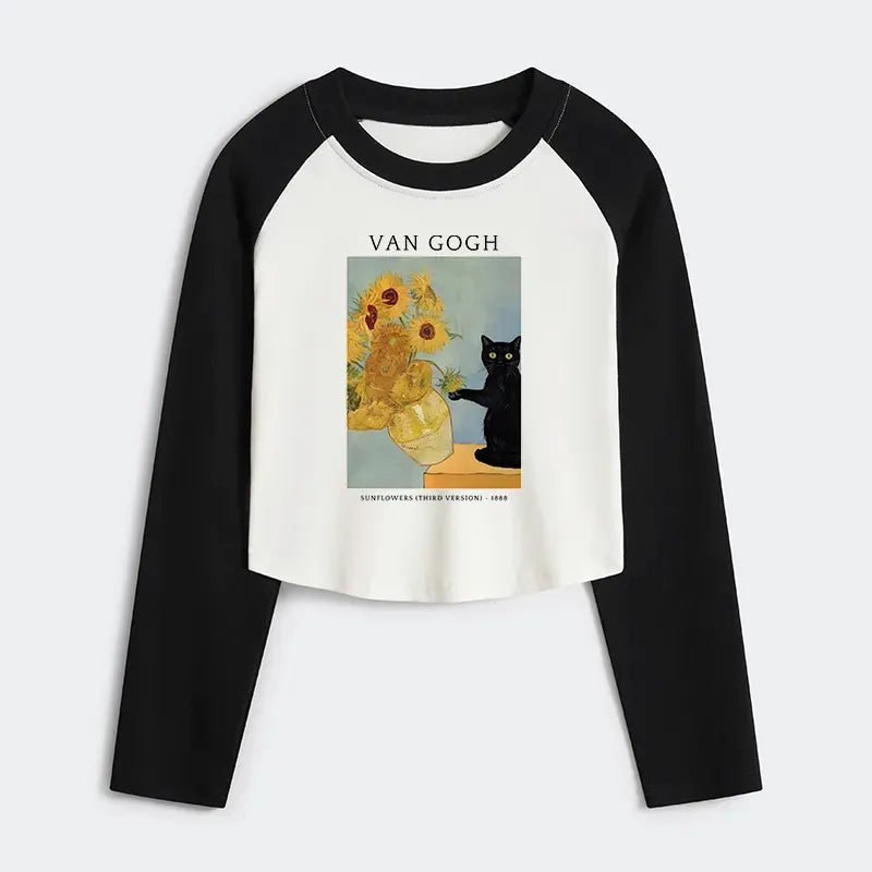 Kyoto-Lion Black Cat With Sunflowers Women's Crop Raglan T-Shirt