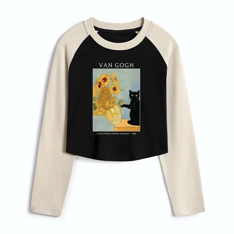 Kyoto-Lion Black Cat With Sunflowers Women's Crop Raglan T-Shirt