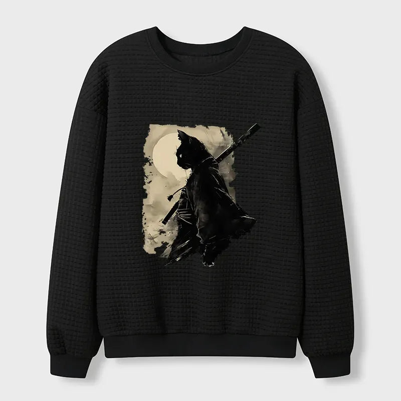 Kyoto-Lion Under The Moon Cat Samurai Waffle Sweatshirt