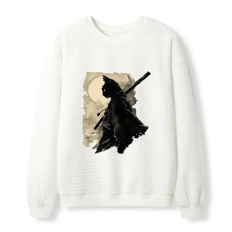 Kyoto-Lion Under The Moon Cat Samurai Waffle Sweatshirt