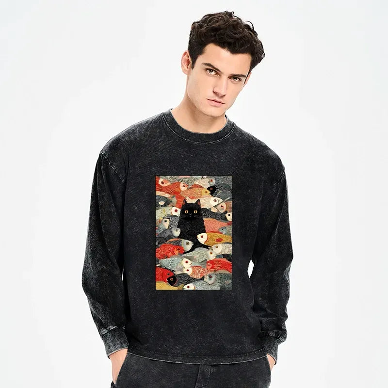 Kyoto-Lion Cats And Fish Washed Long Sleeve T-Shirt