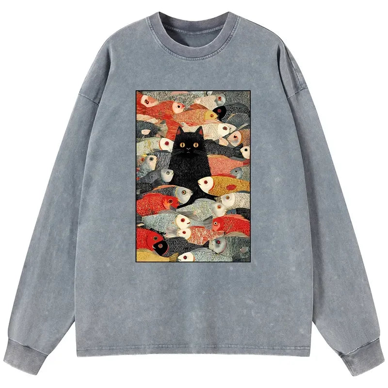 Kyoto-Lion Cats And Fish Washed Long Sleeve T-Shirt