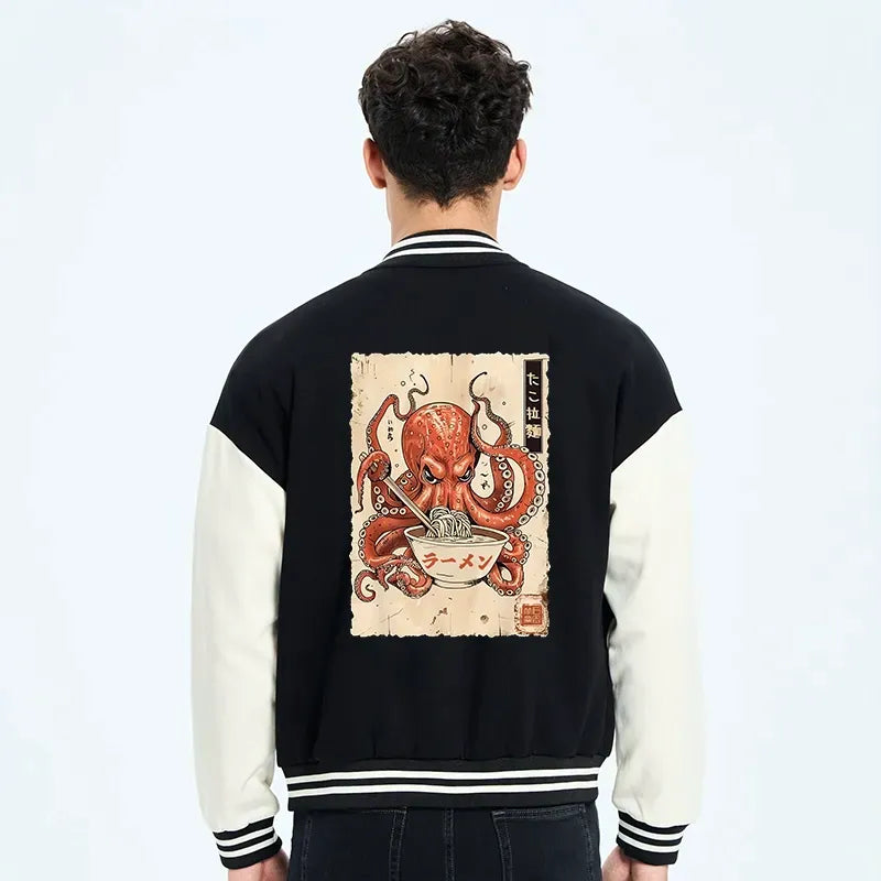 Kyoto-Lion Retro Octopus Eating Ramen Embroidery Varsity Jacket
