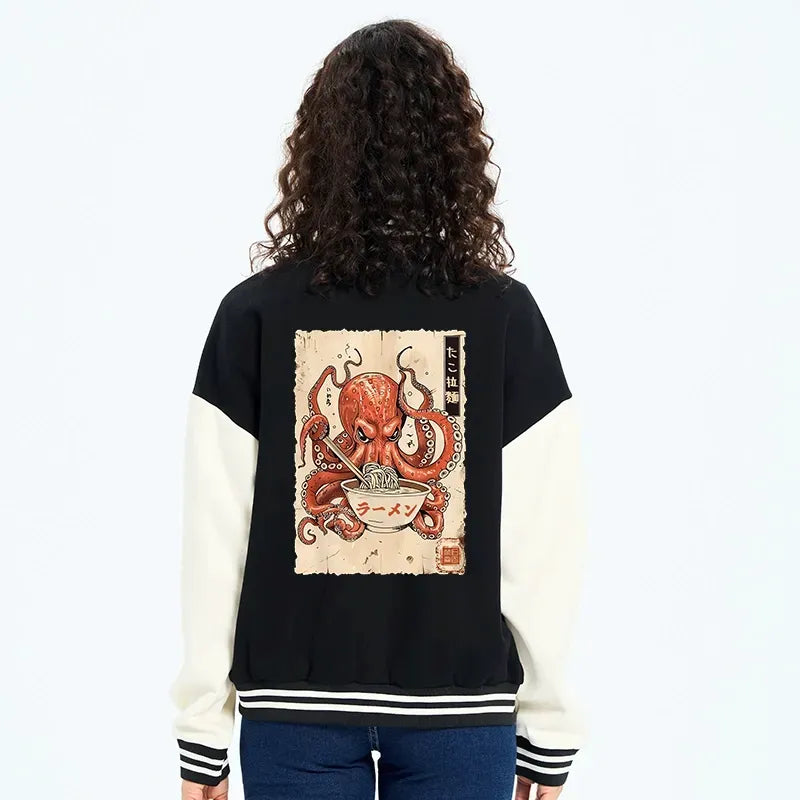 Kyoto-Lion Retro Octopus Eating Ramen Embroidery Varsity Jacket