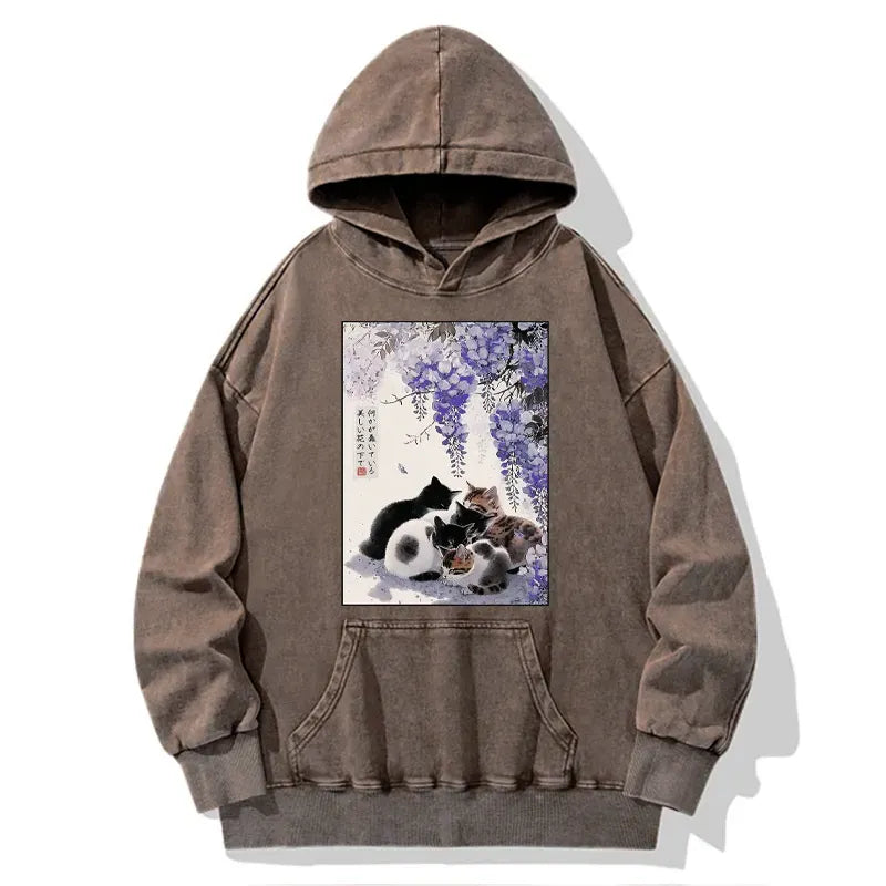 Washed Unisex Hoodie with Japanese Cat Print