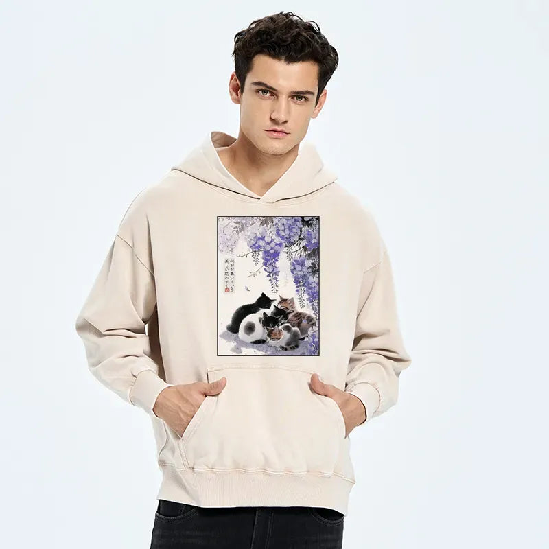 Kyoto-Lion Cats plotting under the wisteria Washed Hoodie