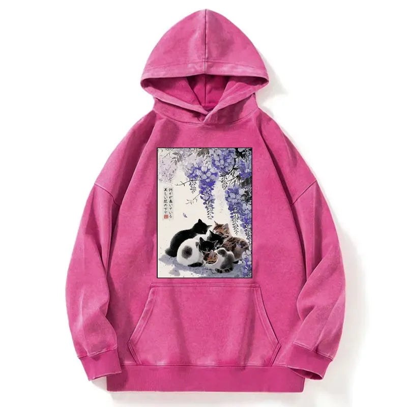 Washed Unisex Hoodie with Japanese Cat Print