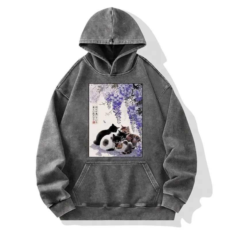 Kyoto-Lion Cats plotting under the wisteria Washed Hoodie