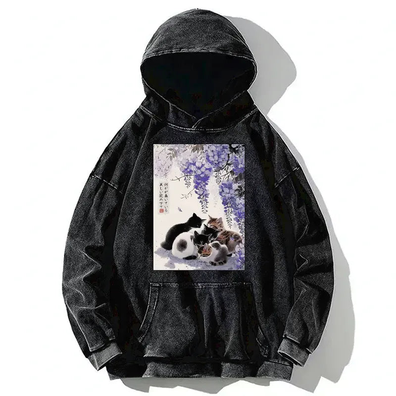 Kyoto-Lion Cats plotting under the wisteria Washed Hoodie