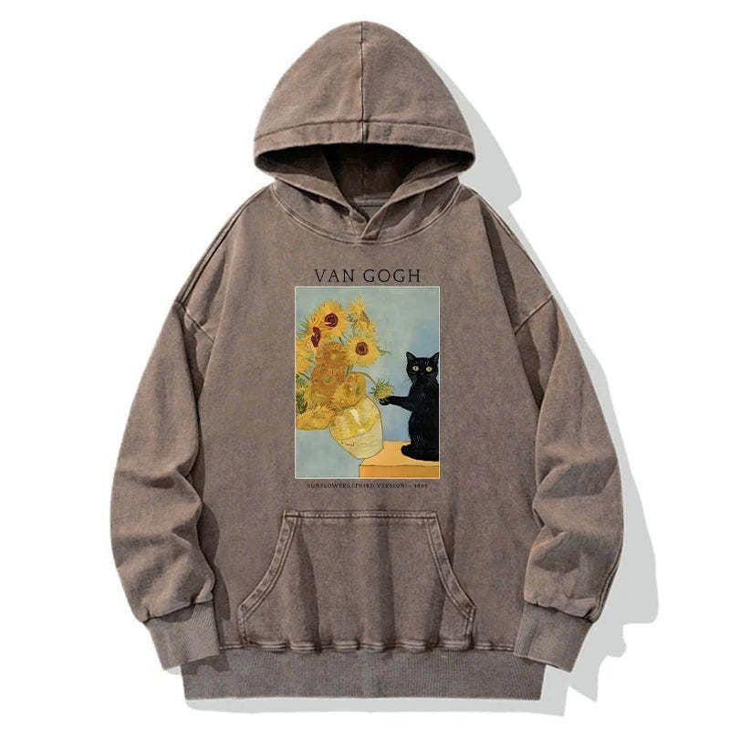 Kyoto-Lion Black Cat With Sunflowers Washed Hoodie