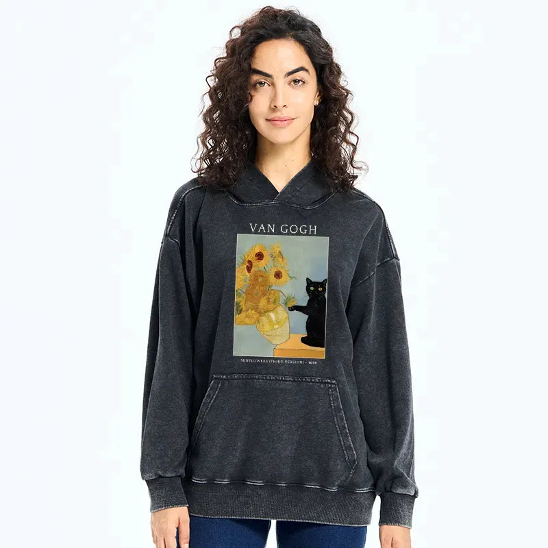 Kyoto-Lion Black Cat With Sunflowers Washed Hoodie