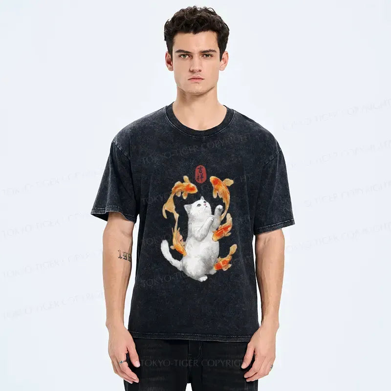 Japanese Zen Cat Washed T-Shirt
