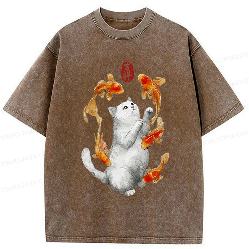 Kyoto-Lion Zen Cat And The Dancing Fish Washed T-Shirt