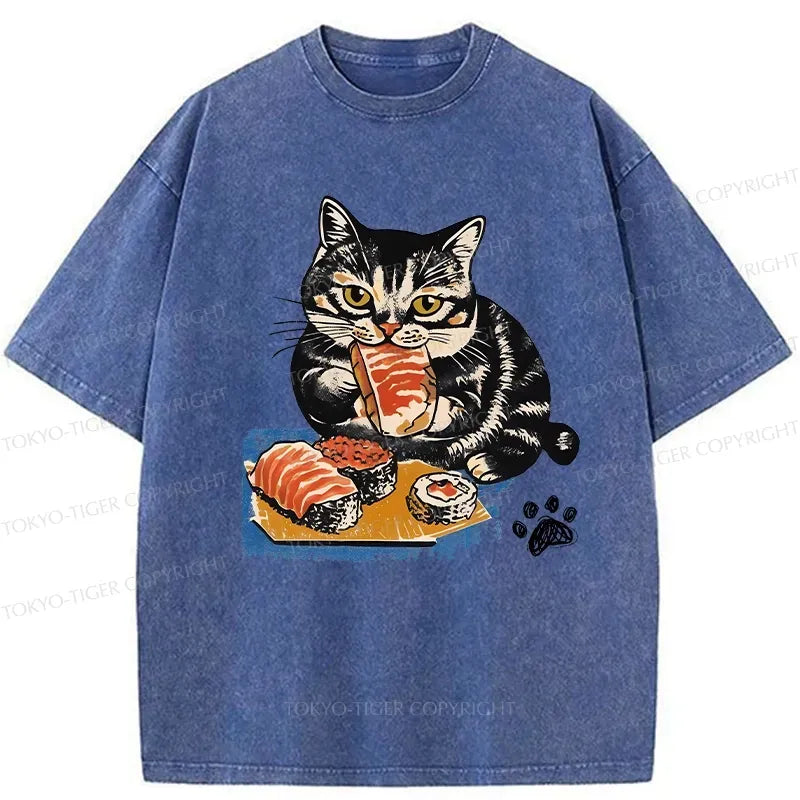 Kyoto-Lion Sashimi Lover Cat Washed T-Shirt