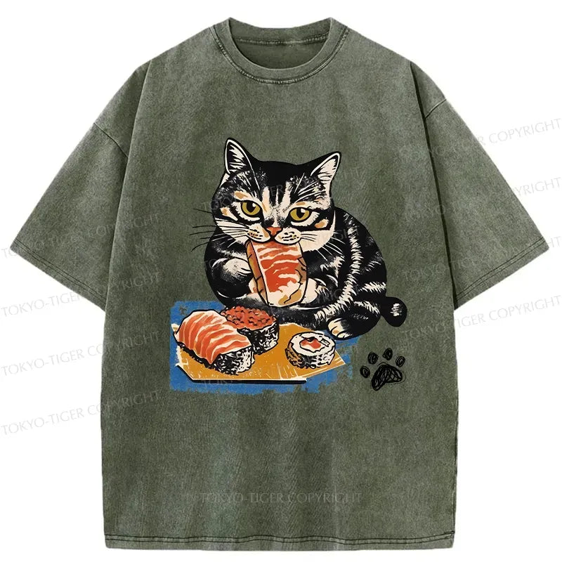 Washed Cat T-Shirt for Summer Vacation