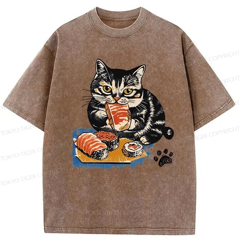 Kyoto-Lion Sashimi Lover Cat Washed T-Shirt