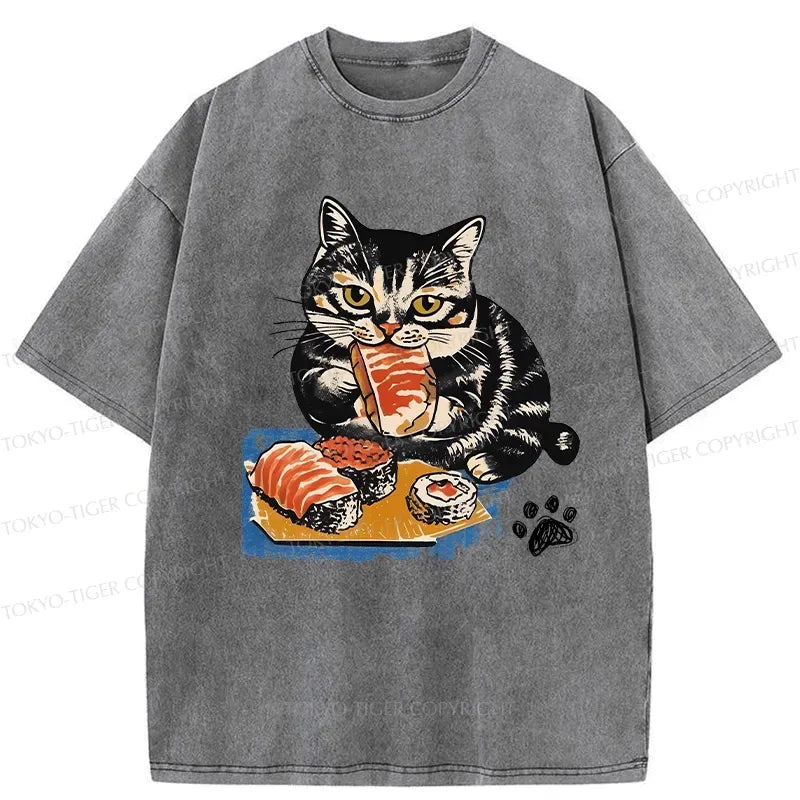 Kyoto-Lion Sashimi Lover Cat Washed T-Shirt