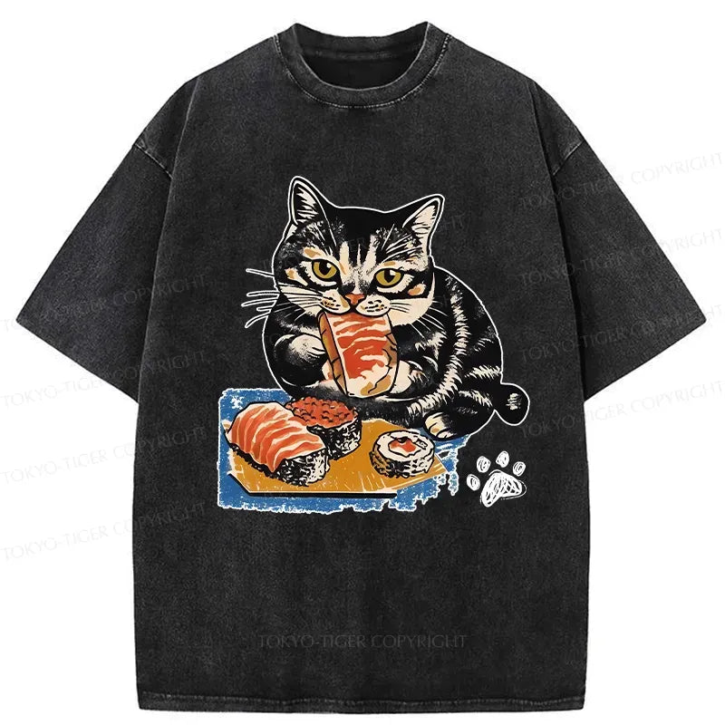 Washed Cat T-Shirt for Summer Vacation