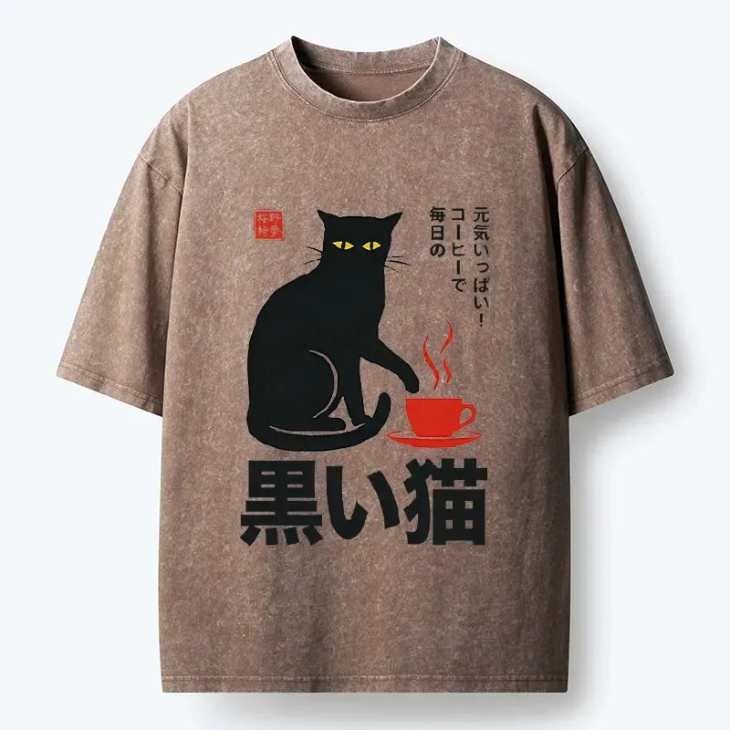 Kyoto-Lion Black Cat Sips Daily Coffee Japanese Print Washed T-Shirt