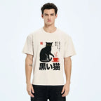 Washed Japanese Cat Print T-Shirt for Daily Wear