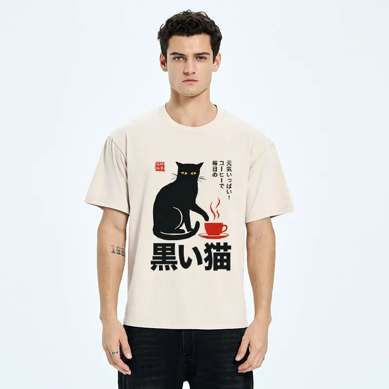 Washed Japanese Cat Print T-Shirt for Daily Wear