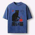 Washed Japanese Cat Print T-Shirt for Daily Wear