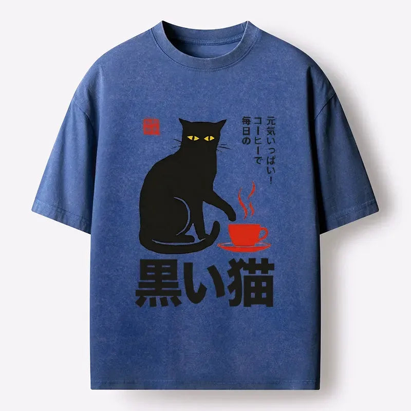 Washed Japanese Cat Print T-Shirt for Daily Wear