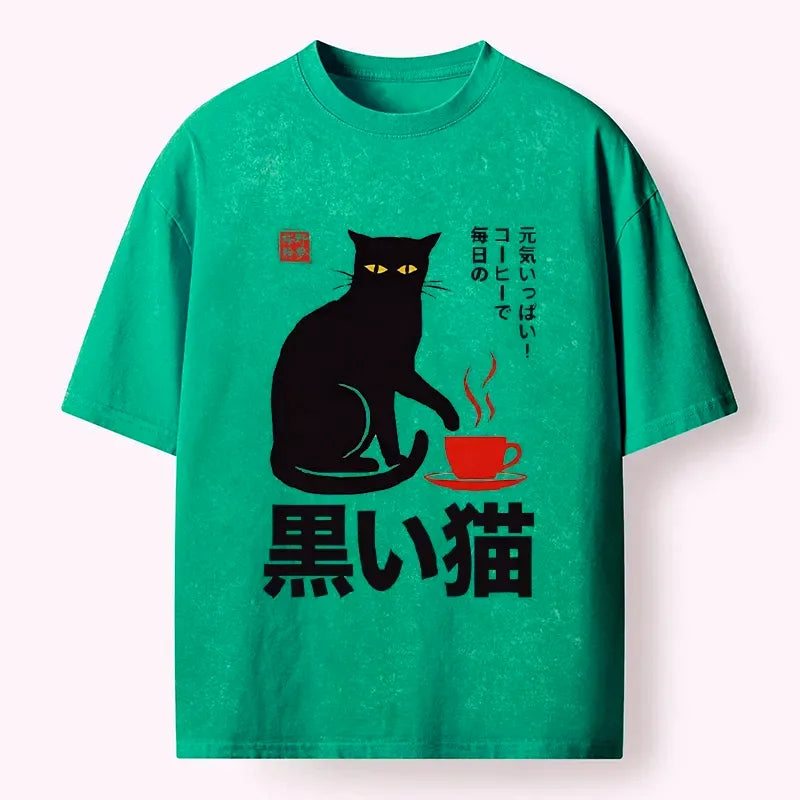 Japanese Black Cat Coffee T-Shirt for Streetwear
