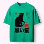 Japanese Black Cat Coffee T-Shirt for Streetwear