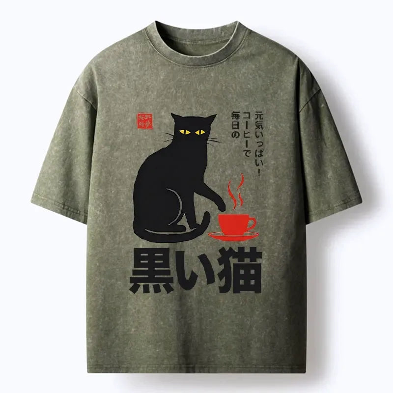 Washed Japanese Cat Print T-Shirt for Daily Wear