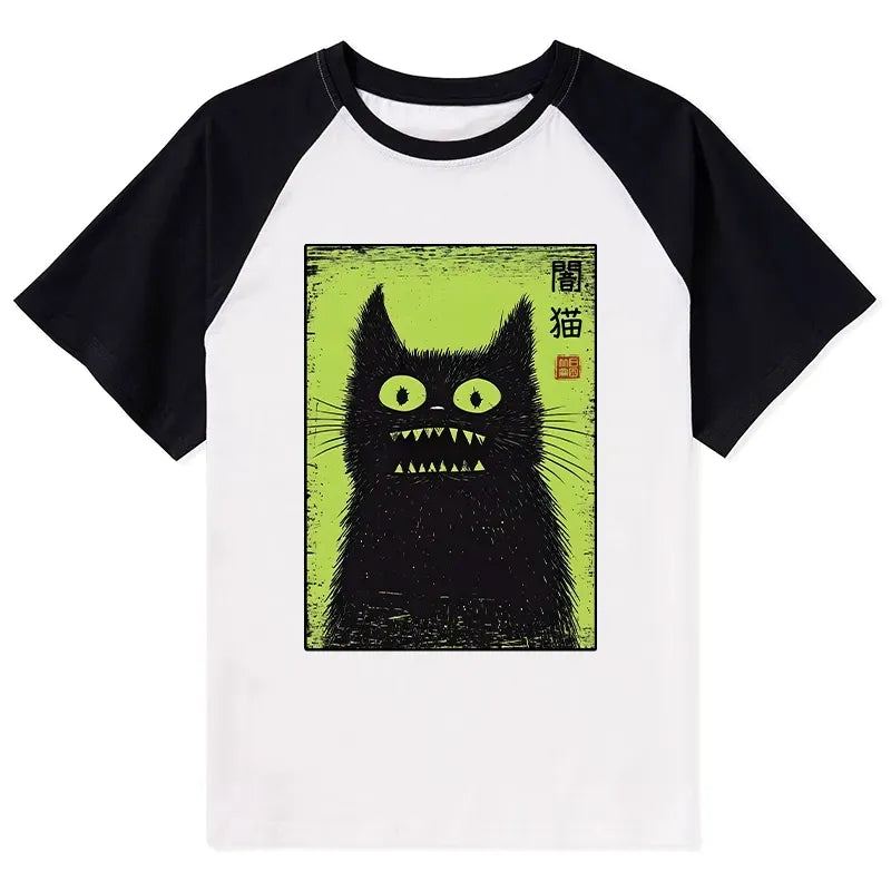 Kyoto-Lion Spooky Black Cat Japanese Raglan T-shirt
