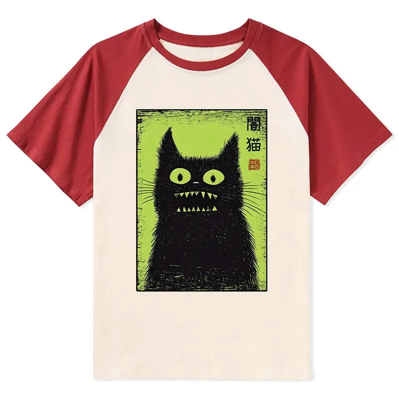 Spooky Black Cat Japanese Raglan for Daily Wear